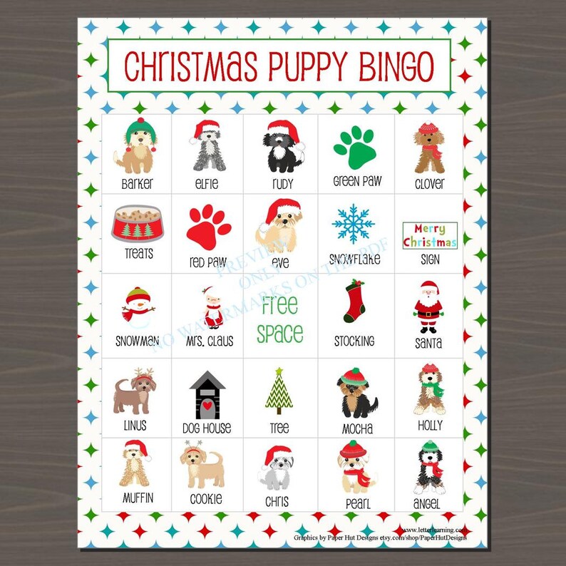 Christmas Puppy Bingo Game 24 different cards, plus calling cards, Instant Download, Puppy Christmas Bingo, Puppy Bingo Game image 1