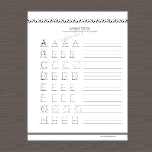 May include: Black and white alphabet practice worksheet with dotted lines for tracing the letters A through H. The letters are in uppercase and are outlined with a dashed line. The worksheet has the text "alphabet practice" and "Practice writing the letters of the alphabet" at the top.