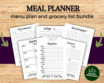 Weekly meal planning printable | Minimalist meal planner bundle | Printable meal plan | Printable grocery list | Reduce food waste
