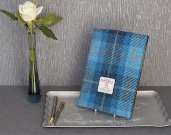 Harris tweed light blue tartan covered A5 journal diary notebook.