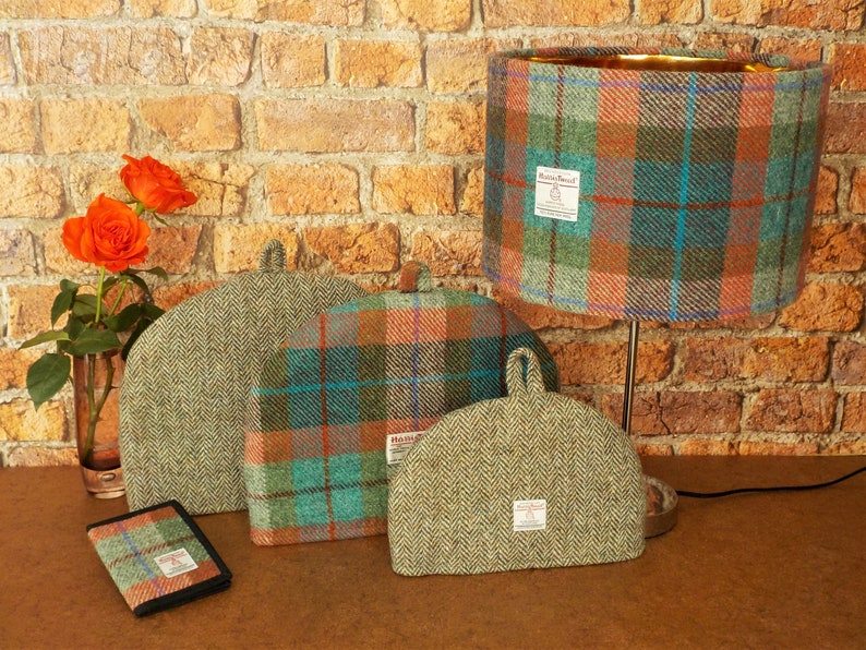 Harris Tweed tea cosy, teapot cover brick red turquoise green plaid fabric wedding anniversary image 3