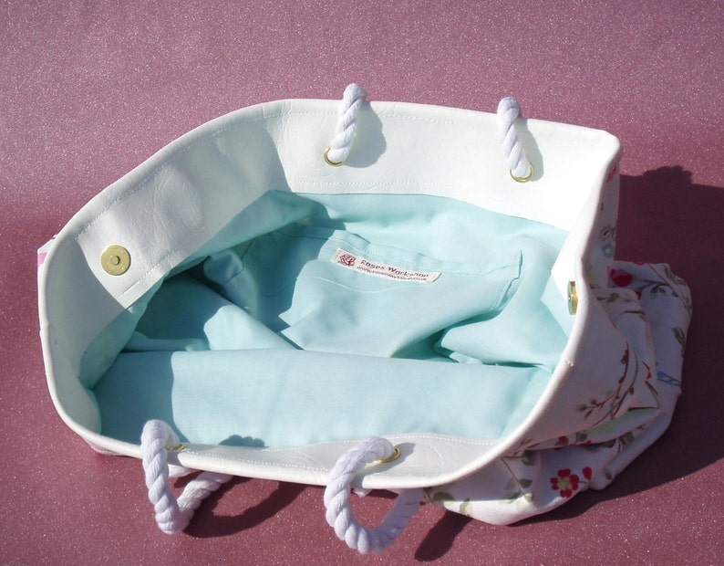 White cotton with birds flowers. Summer bag with rope handles shopping tote beach bag