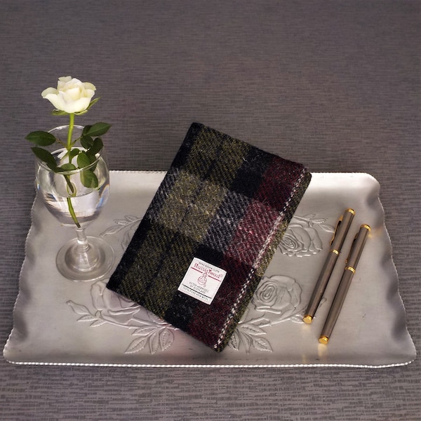 Harris tweed covered diary notebook A6 lined journal wine red olive green check