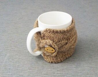 Shetland wool mug cosy light brown British wool hand knitted cup cover with wooden button