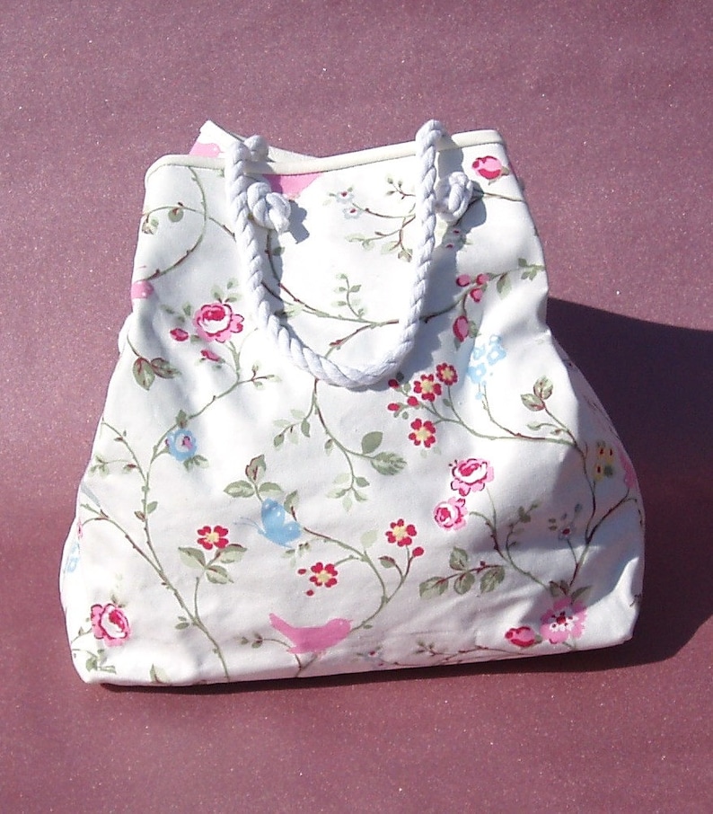 White cotton with birds flowers. Summer bag with rope handles shopping tote beach bag