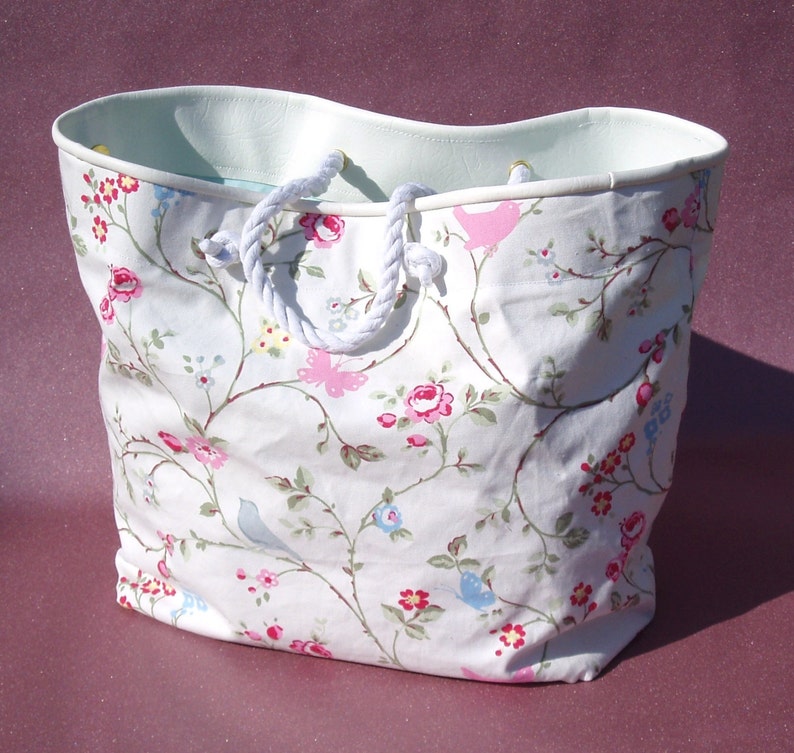 White cotton with birds flowers. Summer bag with rope handles shopping tote beach bag