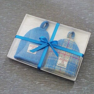 Harris Tweed egg cosy gift set bright blue tartan fabric wedding anniversary engagement gift image 1