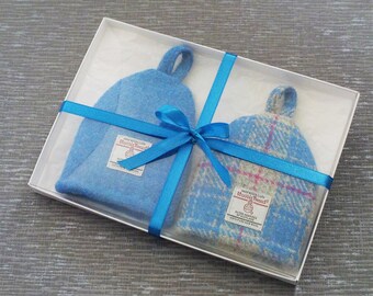 Harris Tweed egg cosy gift set bright blue tartan fabric wedding anniversary engagement gift