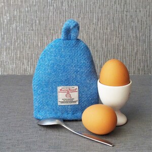 Harris Tweed egg cosy gift set bright blue tartan fabric wedding anniversary engagement gift image 2