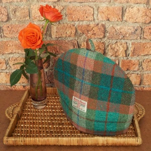 Harris Tweed tea cosy, teapot cover brick red turquoise green plaid fabric wedding anniversary image 1