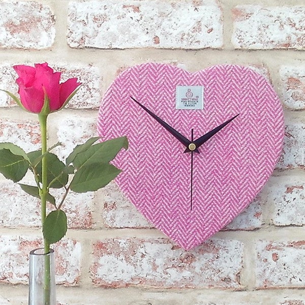 Harris Tweed heart clock pink and cream fabric romantic gift wedding anniversary valentine