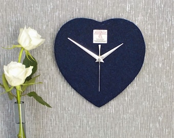 Harris Tweed heart clock dark navy blue handwoven British wool fabric wedding gift anniversary