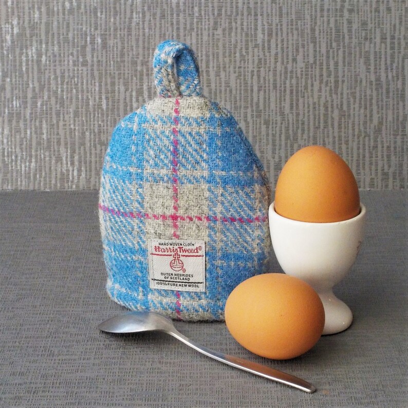 Harris Tweed egg cosy gift set bright blue tartan fabric wedding anniversary engagement gift image 3