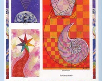 May include: Tarot of Cosmic Consciousness book cover featuring four colorful illustrations. The top left image shows a purple and white spaceship with a swirling blue vortex. The top right image shows a pink and purple geometric shape on a red and orange background. The bottom left image shows a red and pink star with a rainbow center. The bottom right image shows a pink and purple seashell on a red and orange background. The book title is "Tarot of Cosmic Consciousness" and the author is "Barbara Bruch".