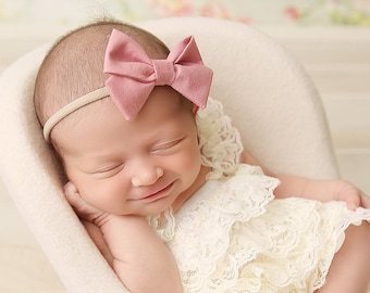 Blush Pink Baby Bow Headband, Cotton Newborn Headband