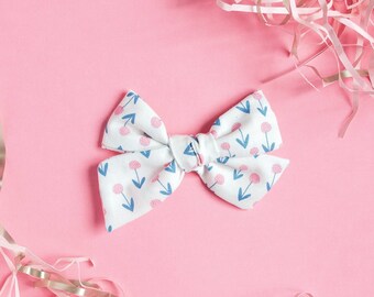 Tiny Tulips Bow, Baby Girl Cotton Bow, Nylon Headband