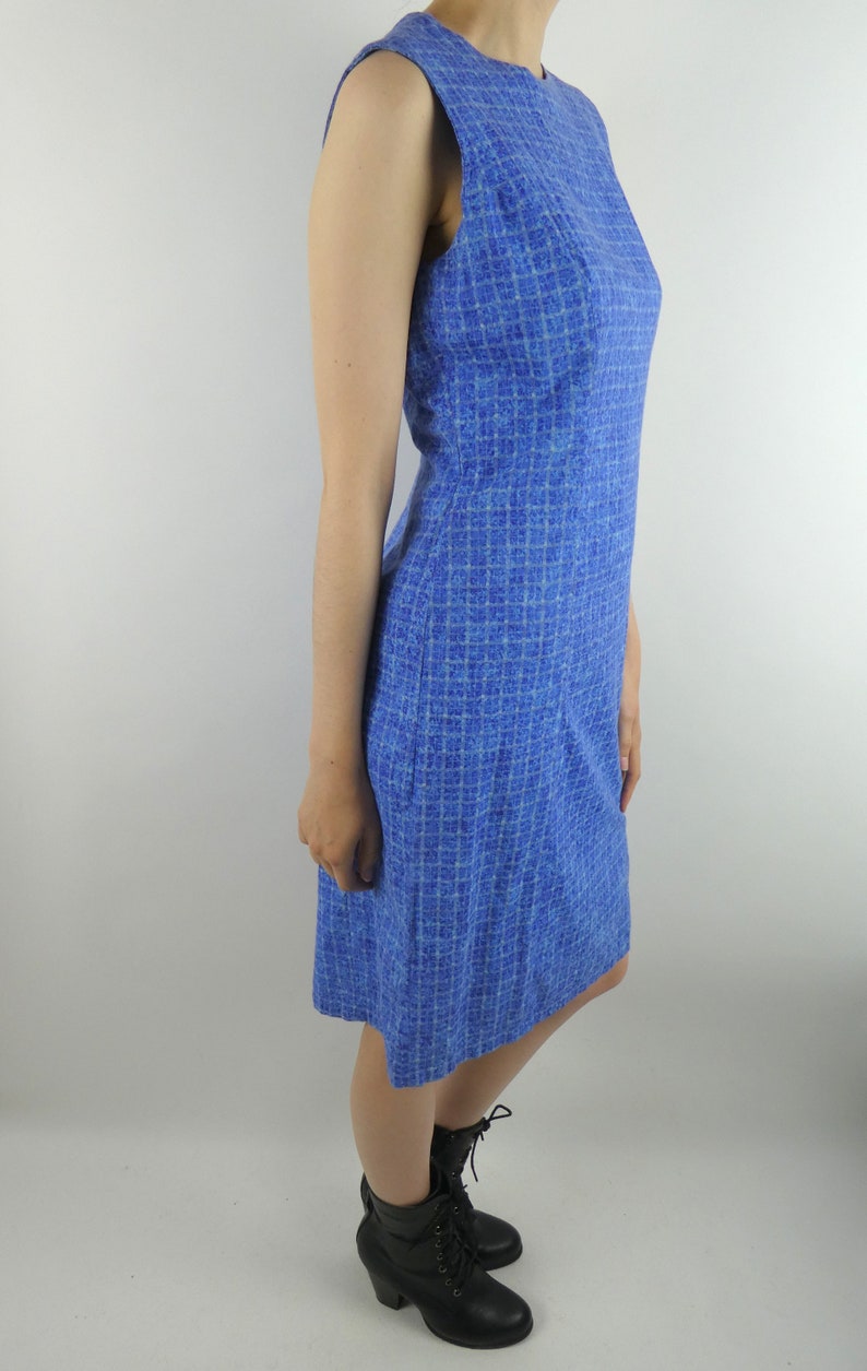VINTAGE BLUE DRESS 1960s Handmade Cotton Square Print Size Medium