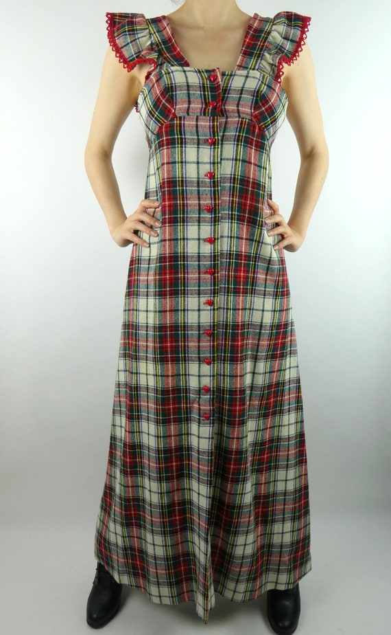 VINTAGE PLAID DRESS 1970s Wool Ruffled Sleeves Hea