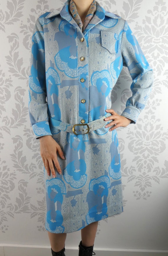 VINTAGE BLUE DRESS 1960s Belt Scarf Set Norman Wia
