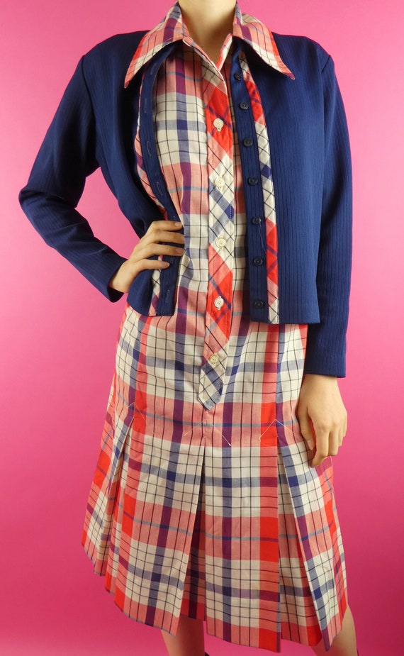 VINTAGE PLAID DRESS 1970s Cardigan Set Serbin of F