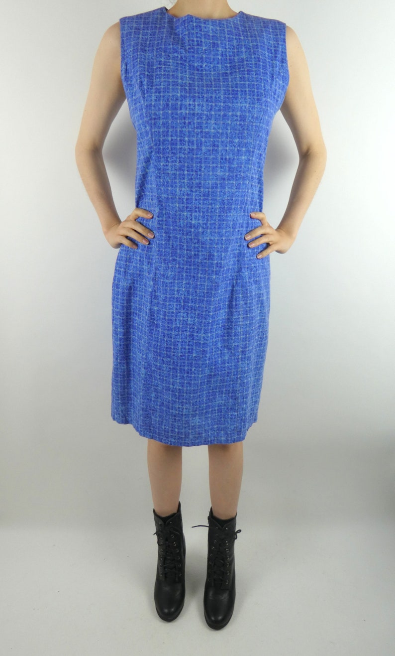 VINTAGE BLUE DRESS 1960s Handmade Cotton Square Print Size Medium