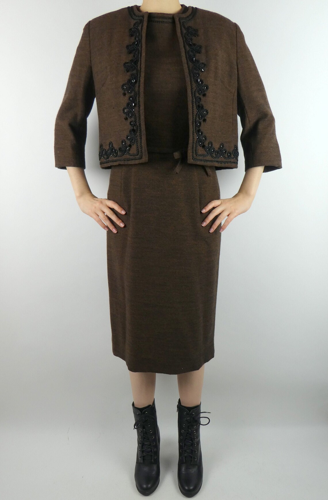 VINTAGE BROWN DRESS 1960s Matching Jacket Set Black Trim Size Etsy