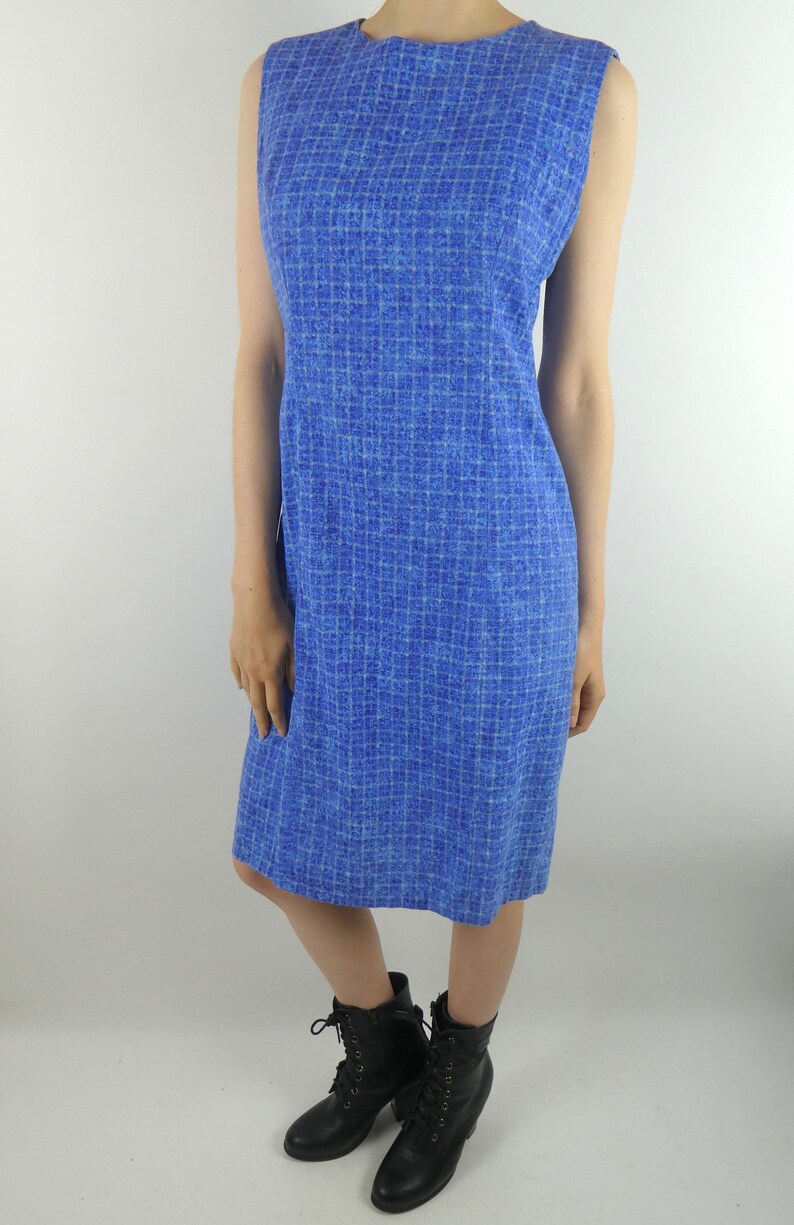 VINTAGE BLUE DRESS 1960s Handmade Cotton Square Print Size Medium
