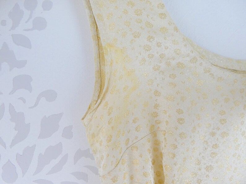 VINTAGE GOLD DRESS 1950s White Floral Brocade Cascading Belt Size Extra Small