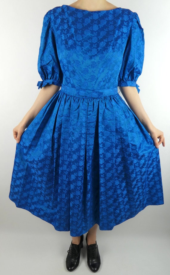 VINTAGE BLUE DRESS 1950s Floral Print Big Sleeves