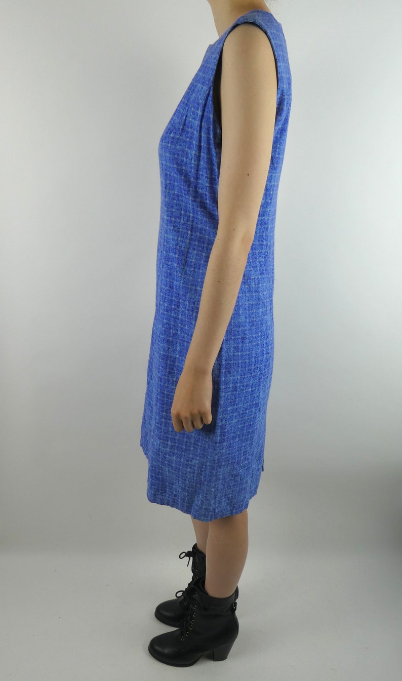 VINTAGE BLUE DRESS 1960s Handmade Cotton Square Print Size Medium
