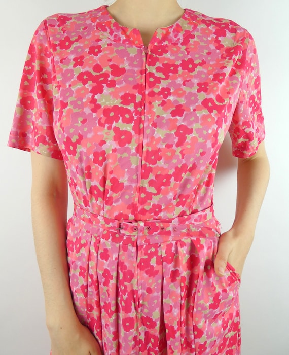 VINTAGE PINK DRESS 1960s Floral Print Front Zipper