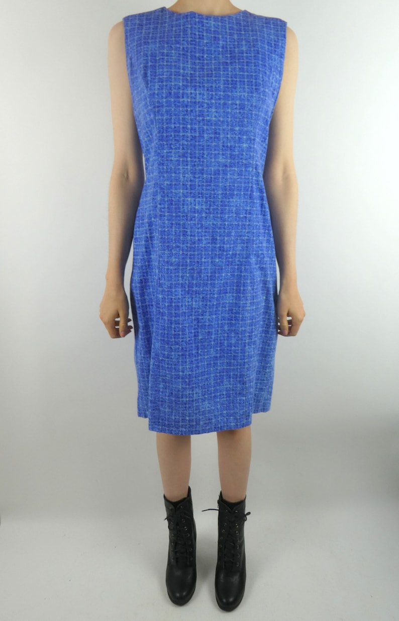 VINTAGE BLUE DRESS 1960s Handmade Cotton Square Print Size Medium