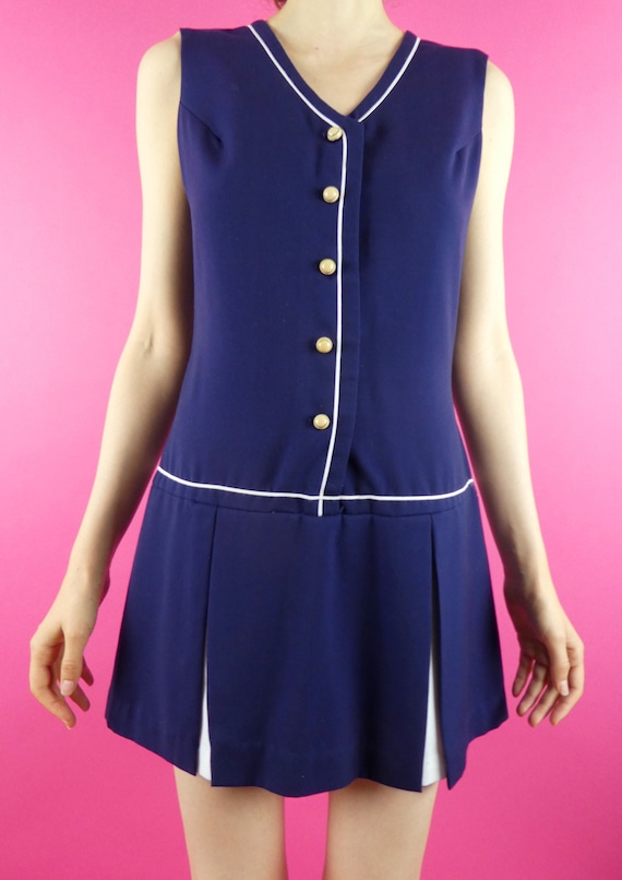 VINTAGE BLUE DRESS 1970s Navy & White Skort Button