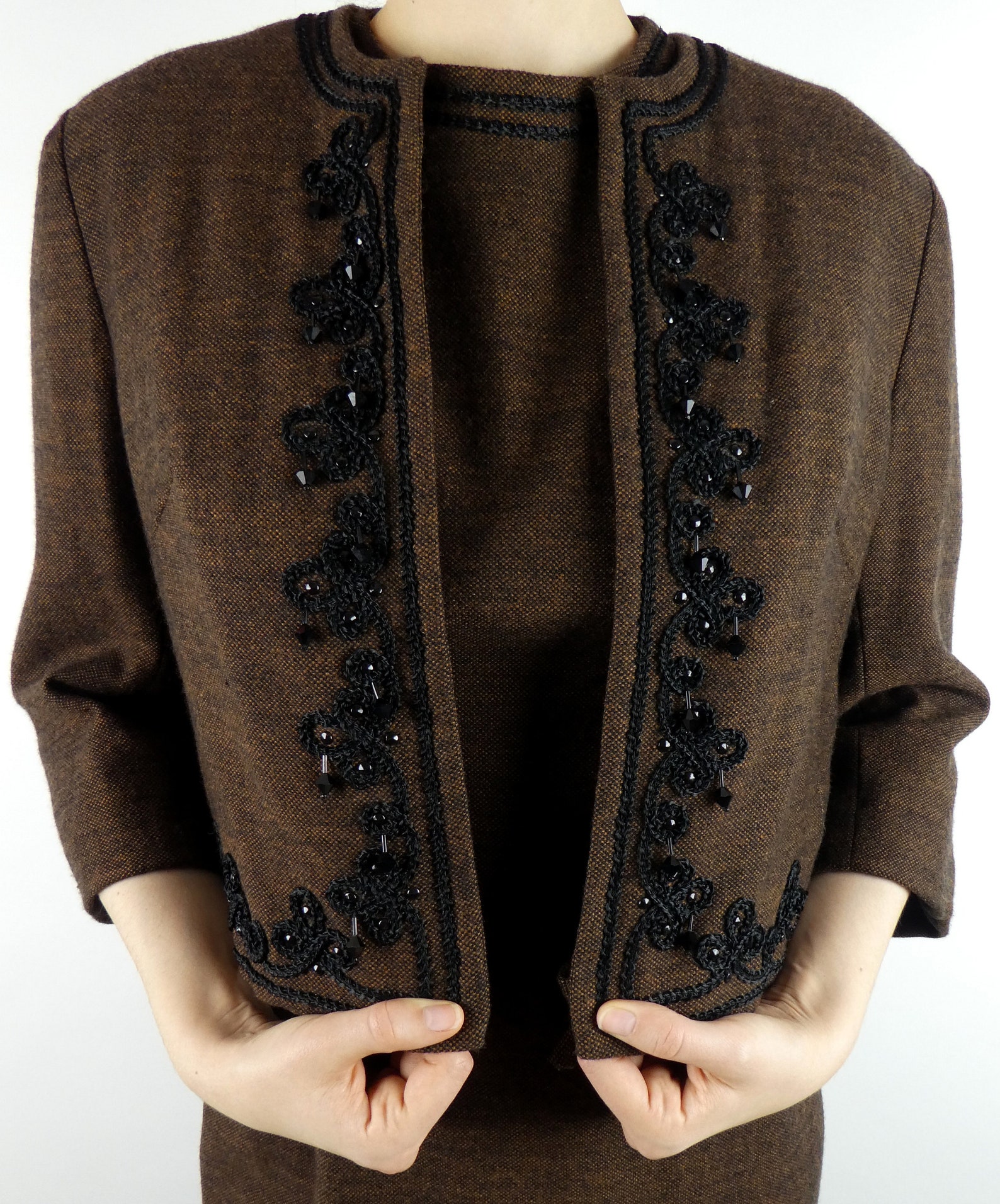 VINTAGE BROWN DRESS 1960s Matching Jacket Set Black Trim Size Etsy