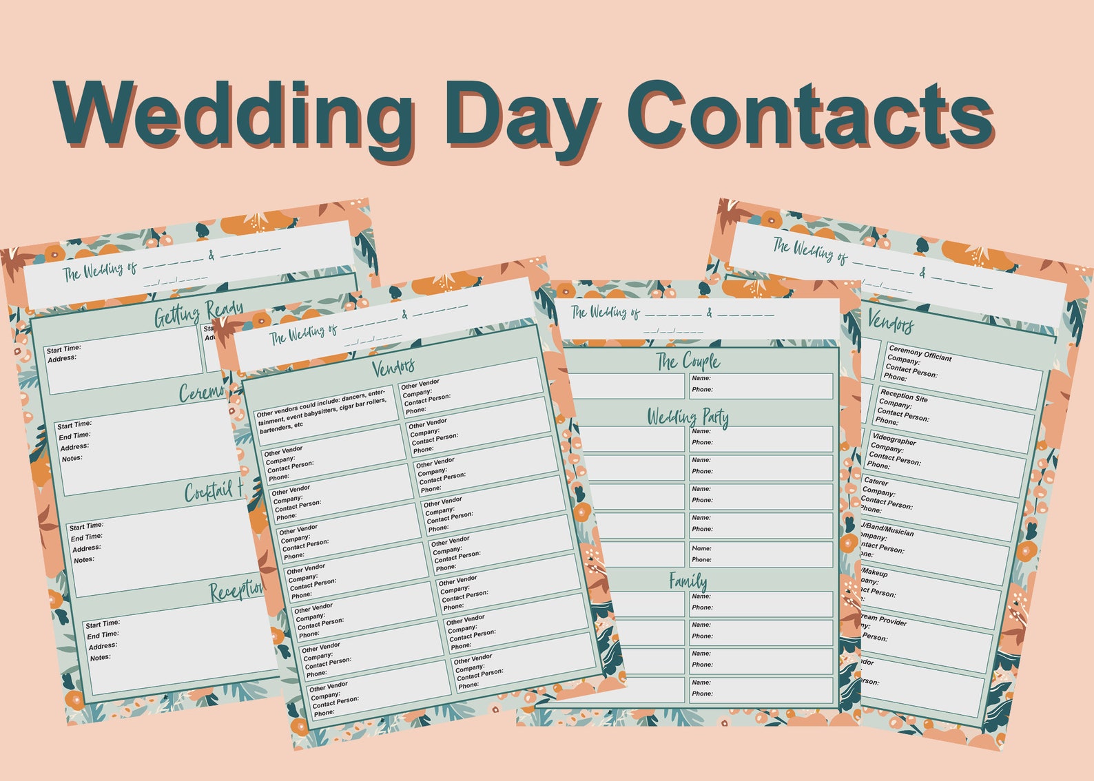 Wedding Day Contacts PDF Download Wedding Planner Printable Etsy