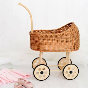 Wicker Doll pram, wicker carriage, hand made stroller made of brown willow, Eco, Friendly, sustainable cotton mattress image 1