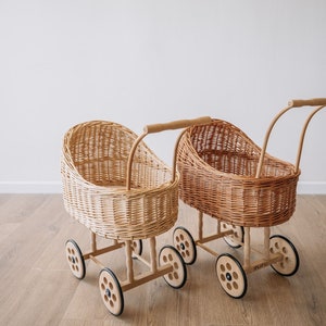 Wicker Doll pram, wicker carriage, hand made stroller made of brown willow, Eco, Friendly, sustainable cotton mattress image 7