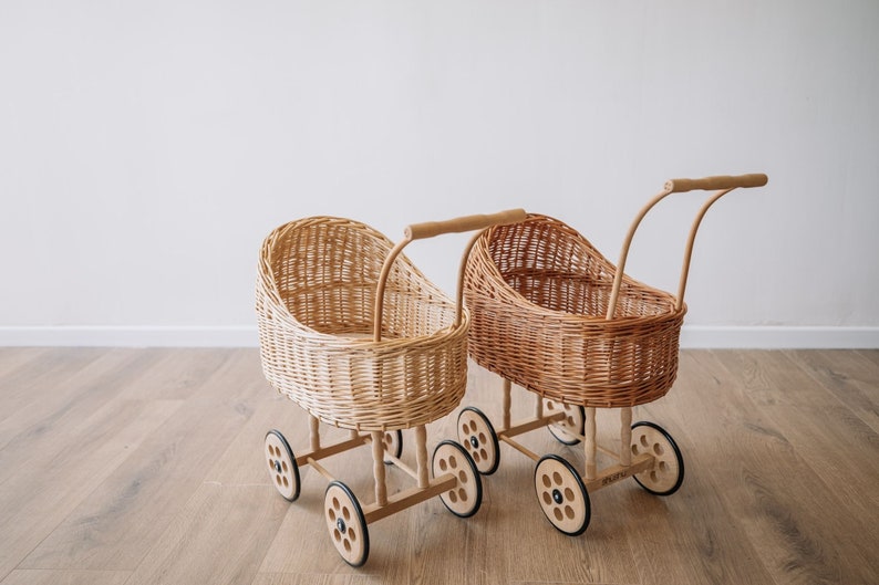 Wicker Doll pram, wicker carriage, hand made stroller made of brown willow, Eco, Friendly, sustainable cotton mattress image 7