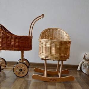 Dreamy set of wicker doll stroller & wicker doll rocking cradle
