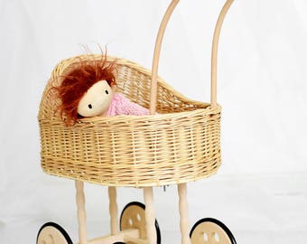 wicker doll pram, Eco, Sustainable, very durable + cotton matrres. suits age 1 to 7.