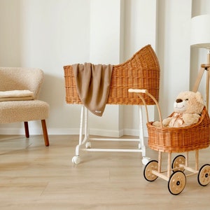 Wicker Doll pram, wicker carriage, hand made stroller made of brown willow, Eco, Friendly, sustainable cotton mattress image 2