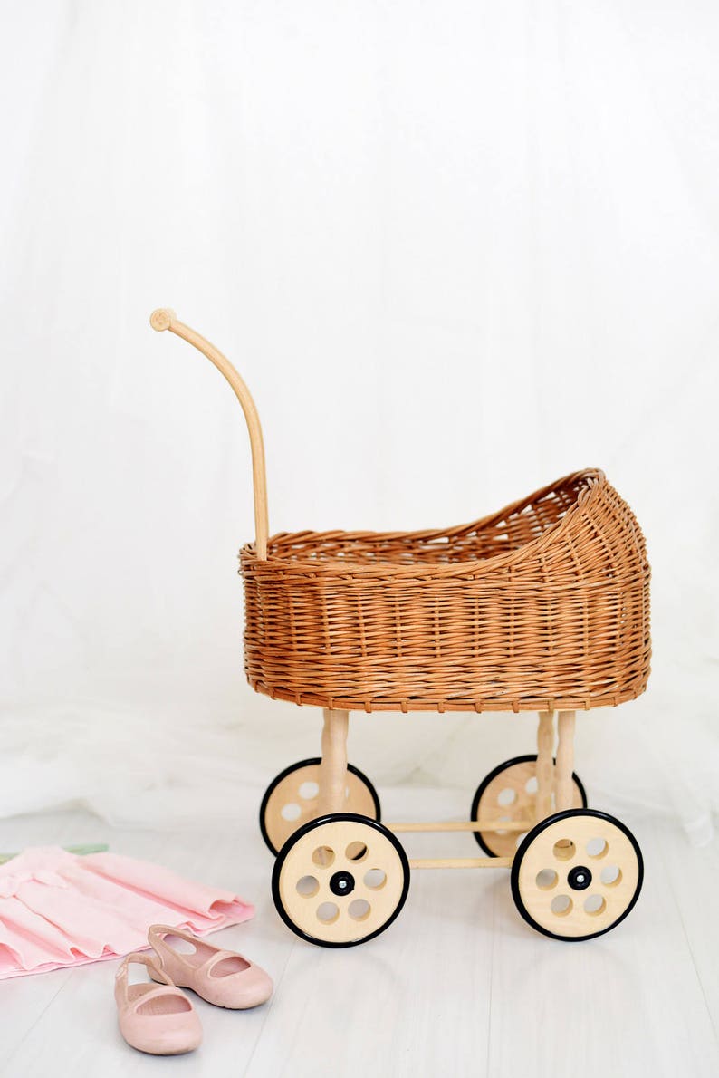 Wicker Doll pram, wicker carriage, hand made stroller made of brown willow, Eco, Friendly, sustainable cotton mattress image 1