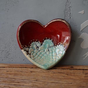 One Red HEART Ring Dish / Candle Holder / Pottery Anniversary
