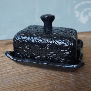 Black Ceramic Butter Dish / Butter Keeper Damask Print