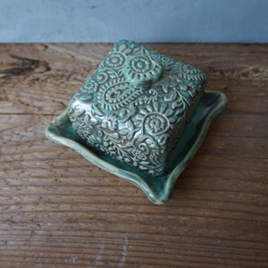 Small Ceramic Butter Dish / Paisley / Pearl Green image 2