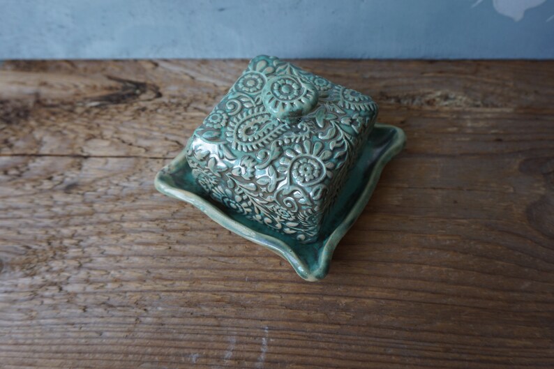 Small Ceramic Butter Dish / Paisley / Pearl Green image 2