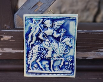 Signe d'ange gardien en céramique antique / Charme familial / Tuile d'ornement mural