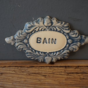 Insegna da bagno "BAIN" in ceramica francese in stile vintage: smalto grigio, arredamento per la casa