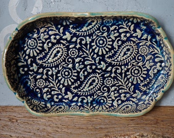 Cobalt Blue Paisley Plate / Ceramic Appetizer Dish / Cheese board / Romantic Gift Platter