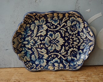 Cobalt Blue Ring Dish With Damask Print / Ceramic Jewelry dish / Tealight Holder / Spoon rest / Soap dish
